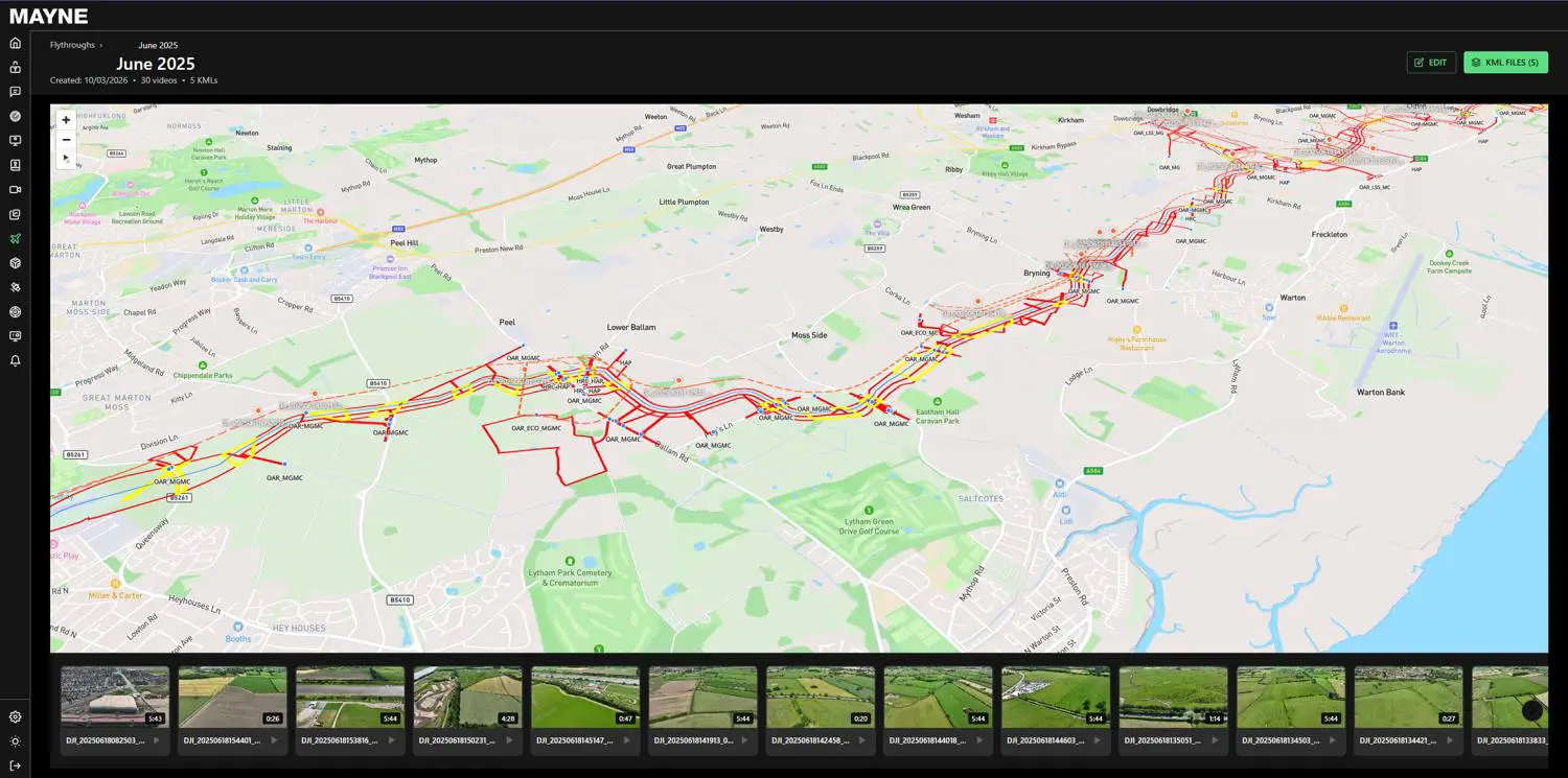 MAYNE dashboard showing mapped survey routes and captured data