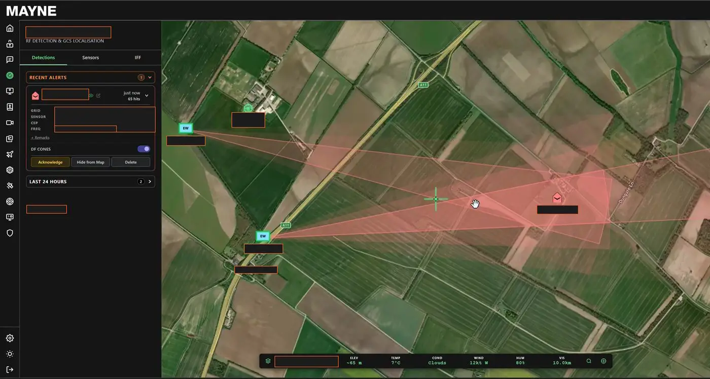 Counter-UAS detection view in MAYNE showing direction-finding cones from two passive sensors converging on a located control node