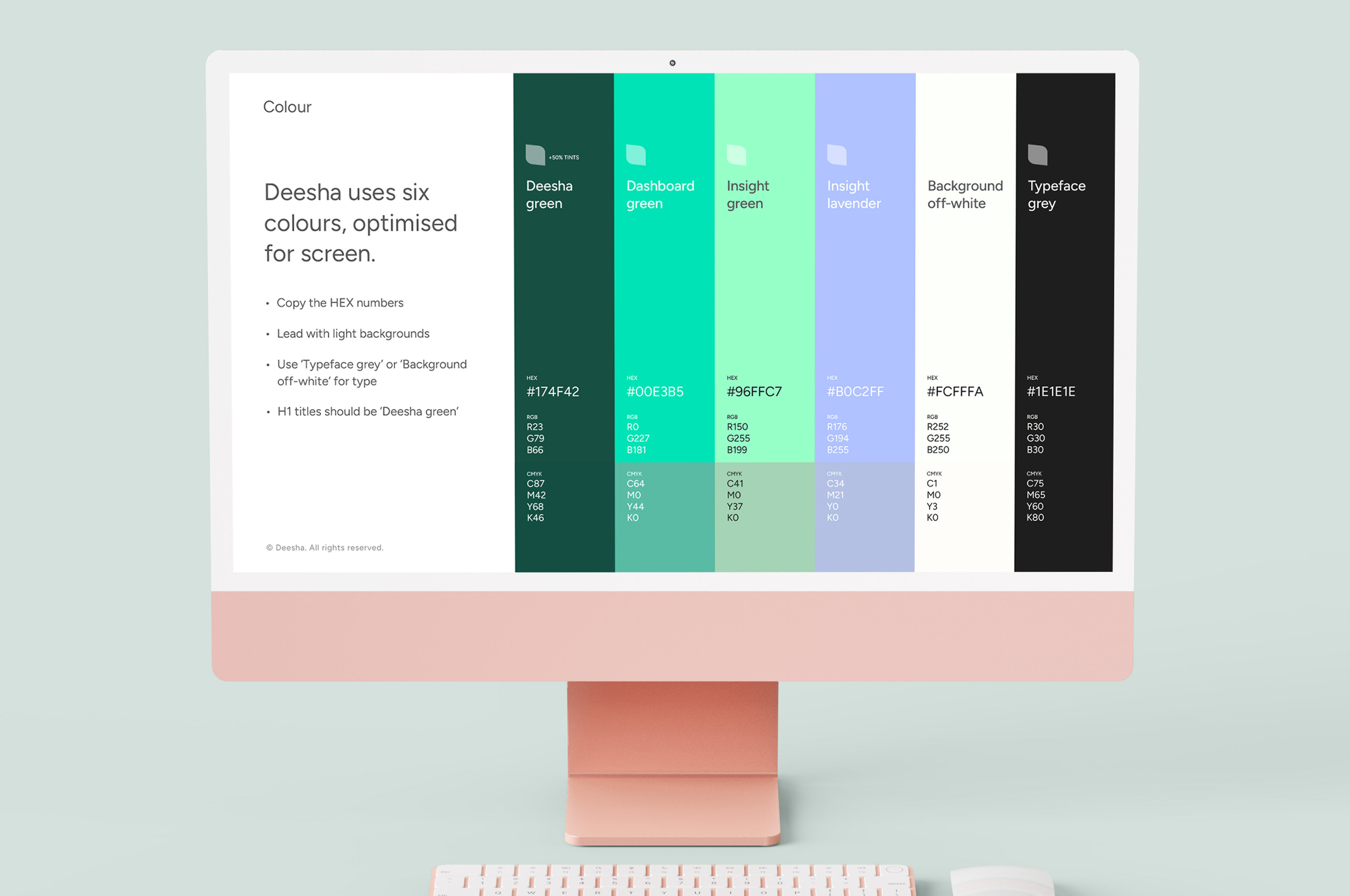 Color palette on an Apple iMac screen showing six optimized colors for screen use with HEX, RGB, and CMYK values.