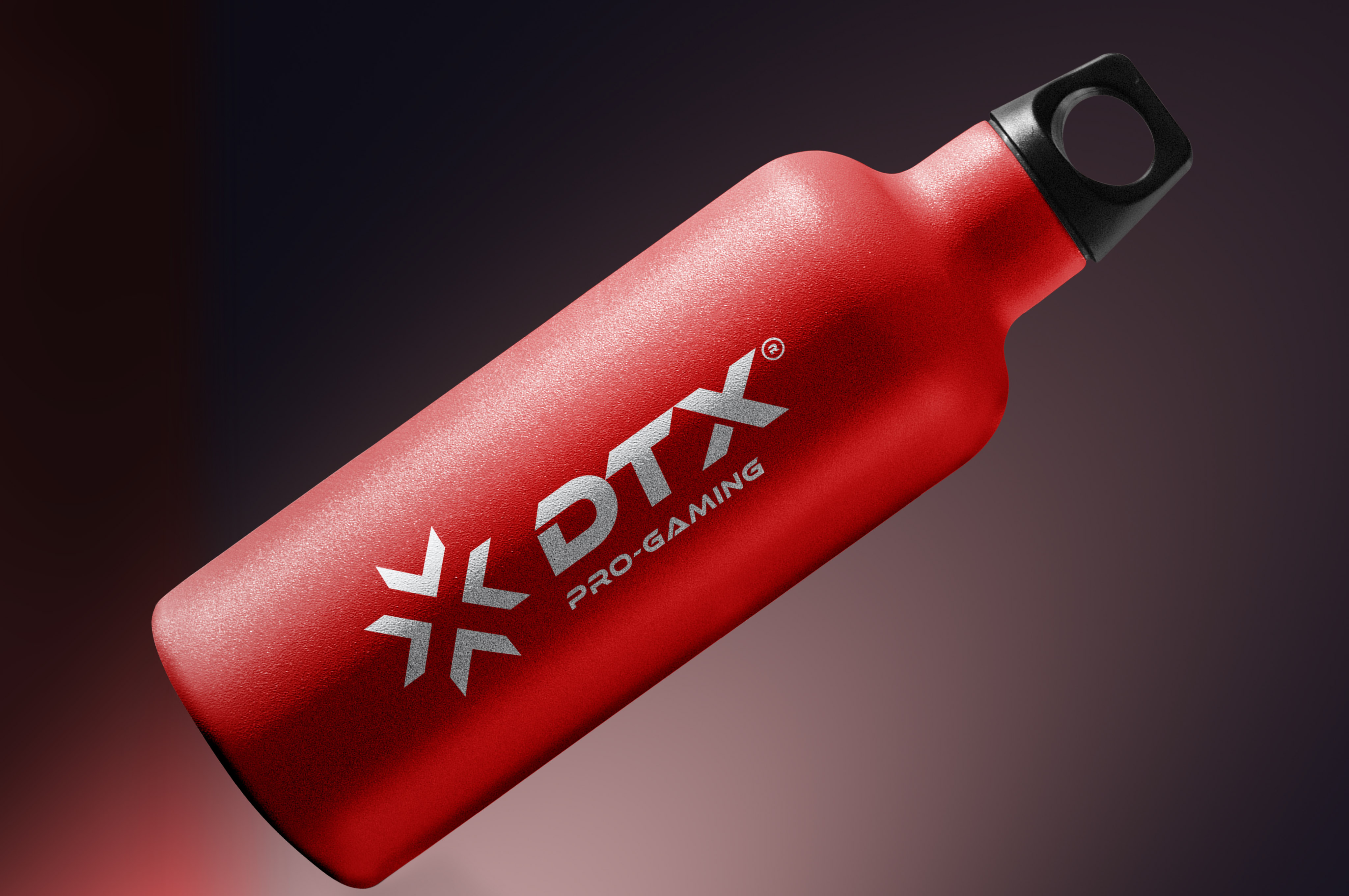 Red metal water bottle with black cap and silver DTX Pro-Gaming logo on the side.