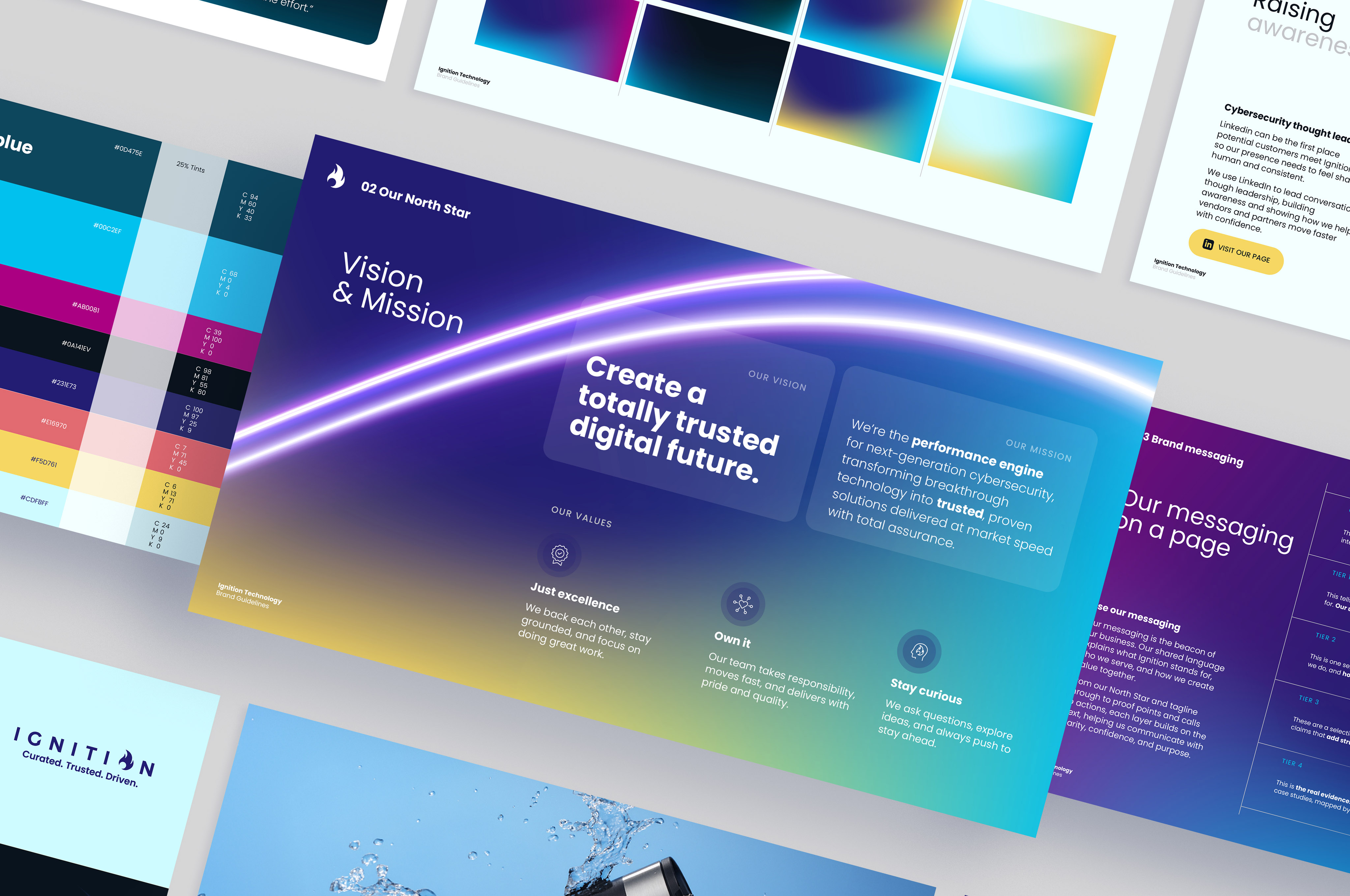 Brand guideline page showing vision and mission with gradient background and key values: Just excellence, Own it, Stay curious.