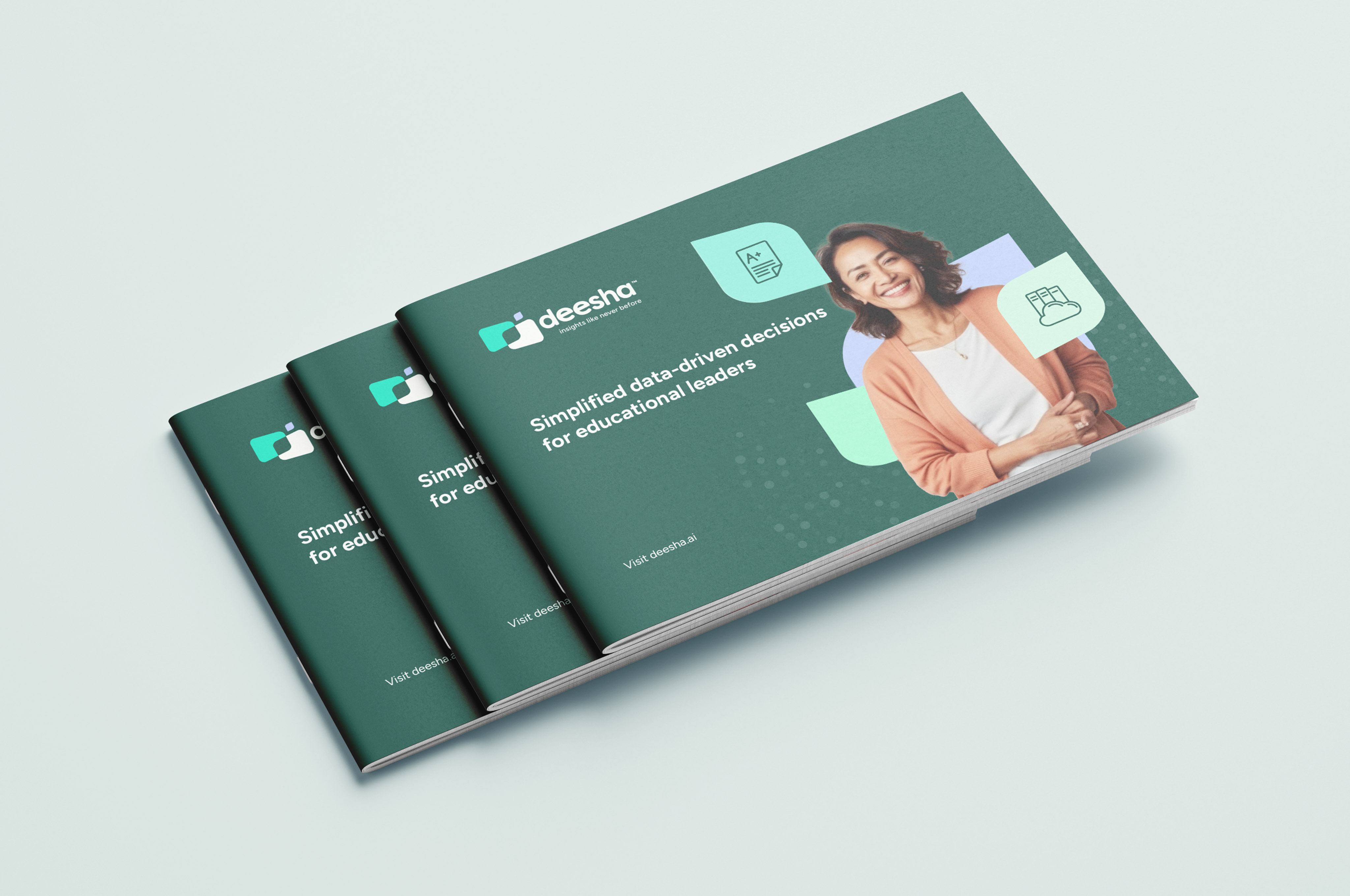 Stack of brochures titled 'Simplified data-driven decisions for educational leaders' with a smiling woman on the cover and the deesha logo.