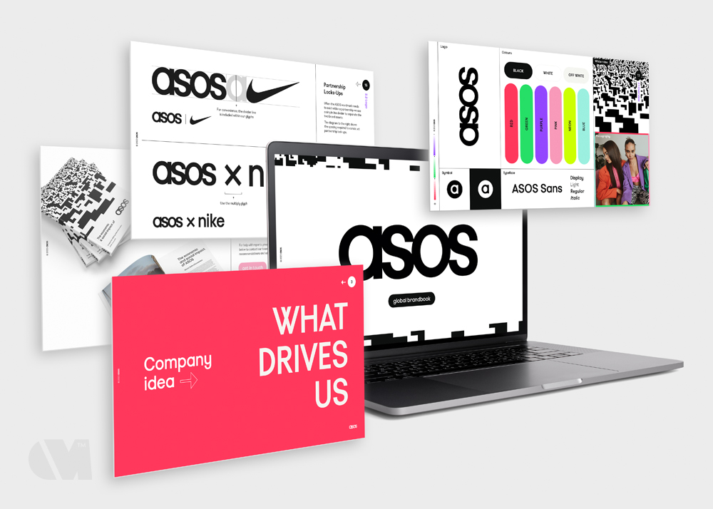 Laptop displaying ASOS logo surrounded by floating brand book pages showcasing logos, color palettes, typefaces, partnership with Nike, and company idea titled WHAT DRIVES US.