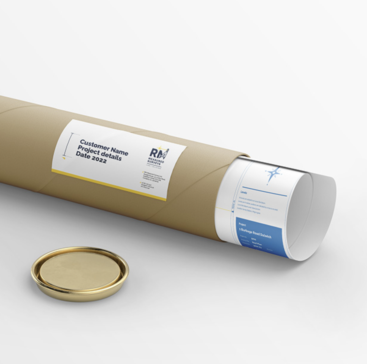 Brown mailing tube with a white label detailing customer name, project details, and date 2022, lying next to a gold-colored metal cap.