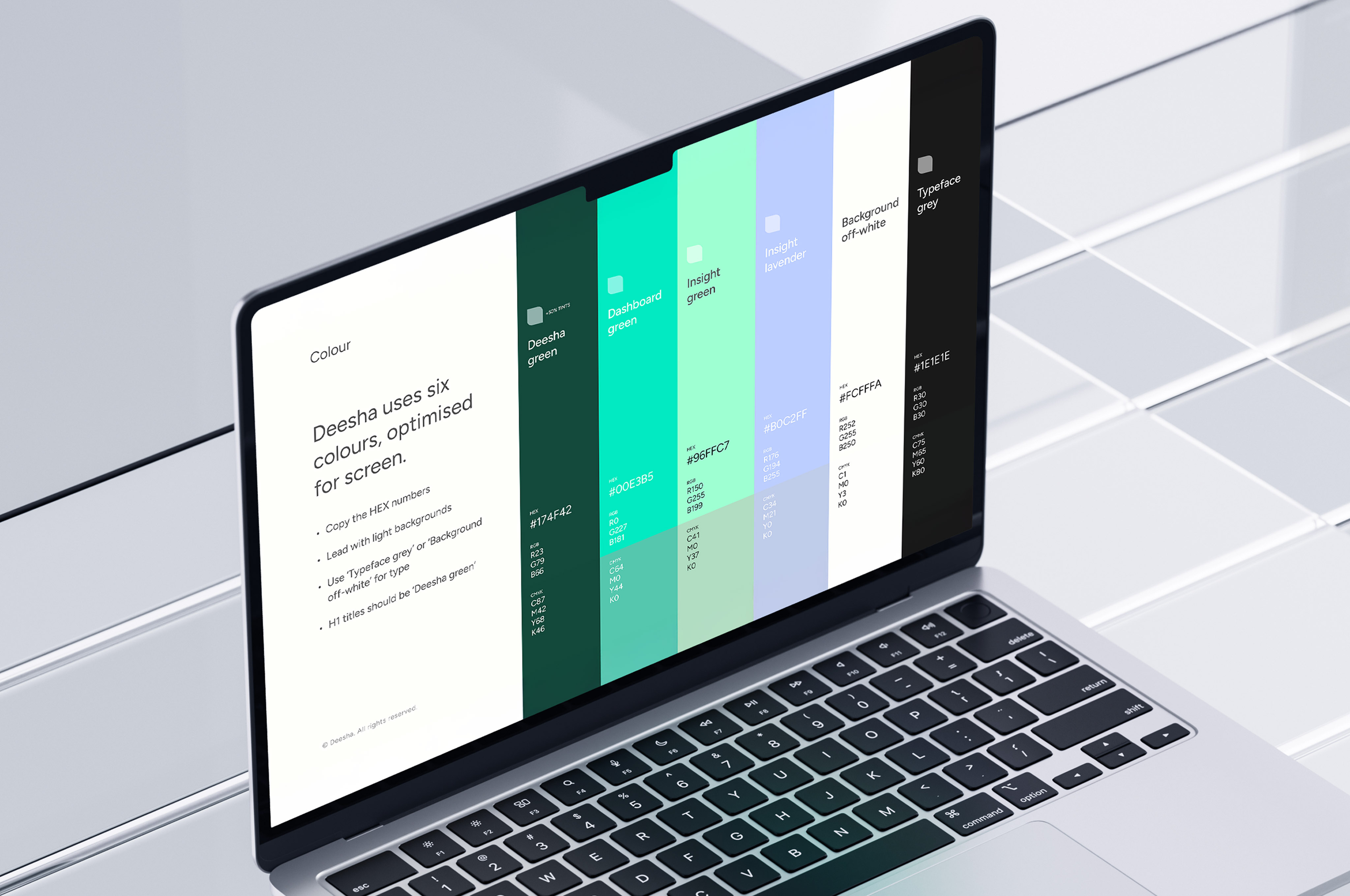 Laptop screen displaying Deesha's six color palette with HEX, RGB, and CMYK values for each shade optimized for screen use.