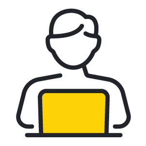 Icon of a person working on a yellow laptop.