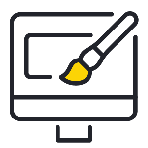 Computer monitor with a paintbrush applying yellow paint, symbolizing digital design or creativity.