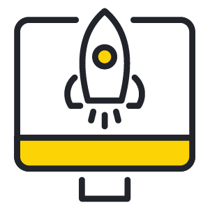 Computer monitor with a rocket launching icon on the screen.