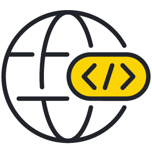 Black globe icon with a yellow code symbol on the right side.