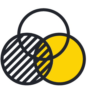 Icon of three overlapping circles with one shaded with diagonal lines and another filled yellow.