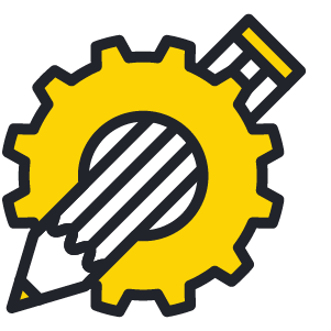 Yellow gear with a pencil crossing through its center, symbolizing creativity and technical work.