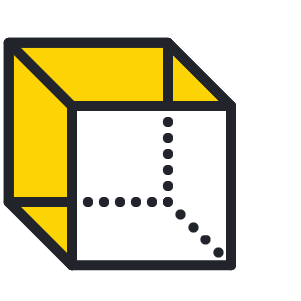Yellow and black outlined 3D cube icon with dashed lines showing depth.
