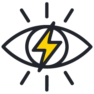 Eye icon with a yellow lightning bolt inside, surrounded by six short lines indicating energy or focus.