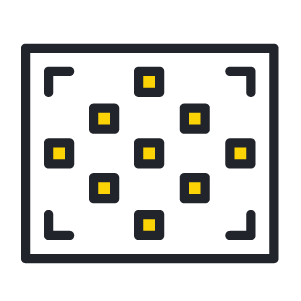 Black square frame with eight small yellow squares inside arranged in a scattered pattern.