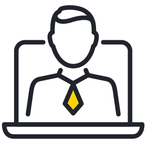 Outline icon of a person with a yellow tie displayed on a laptop screen.