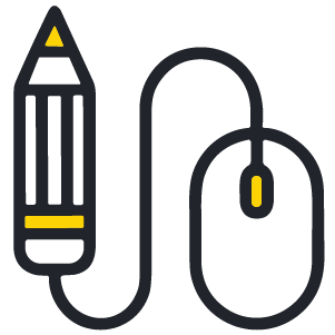 Icon showing a pencil connected to a computer mouse with a cord, symbolizing digital drawing or design.