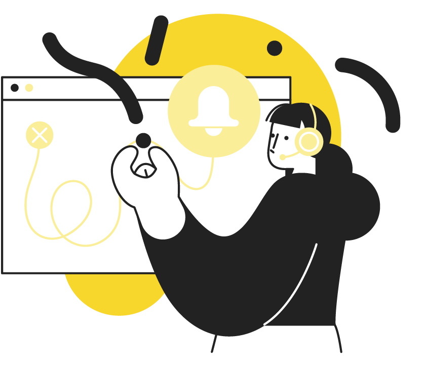 Illustration of a person wearing a headset clicking a notification bell icon on a web browser window, with yellow circular accents.