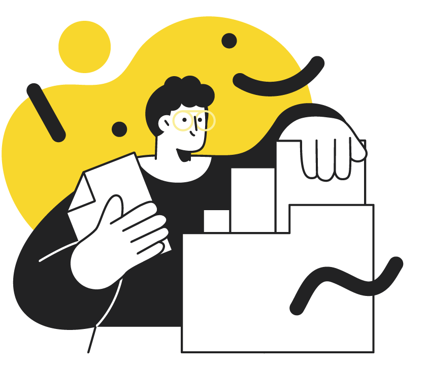 Illustration of a person with glasses organizing documents into a yellow file folder with a yellow abstract background.