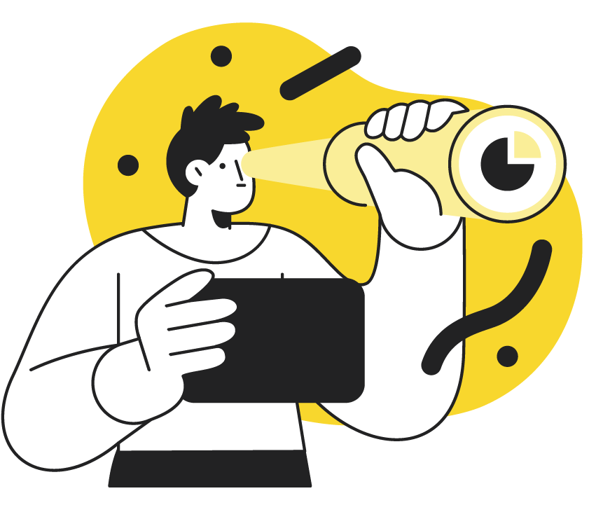 Illustration of a person holding a tablet and looking through a telescope with a clock icon inside, against a yellow abstract background.