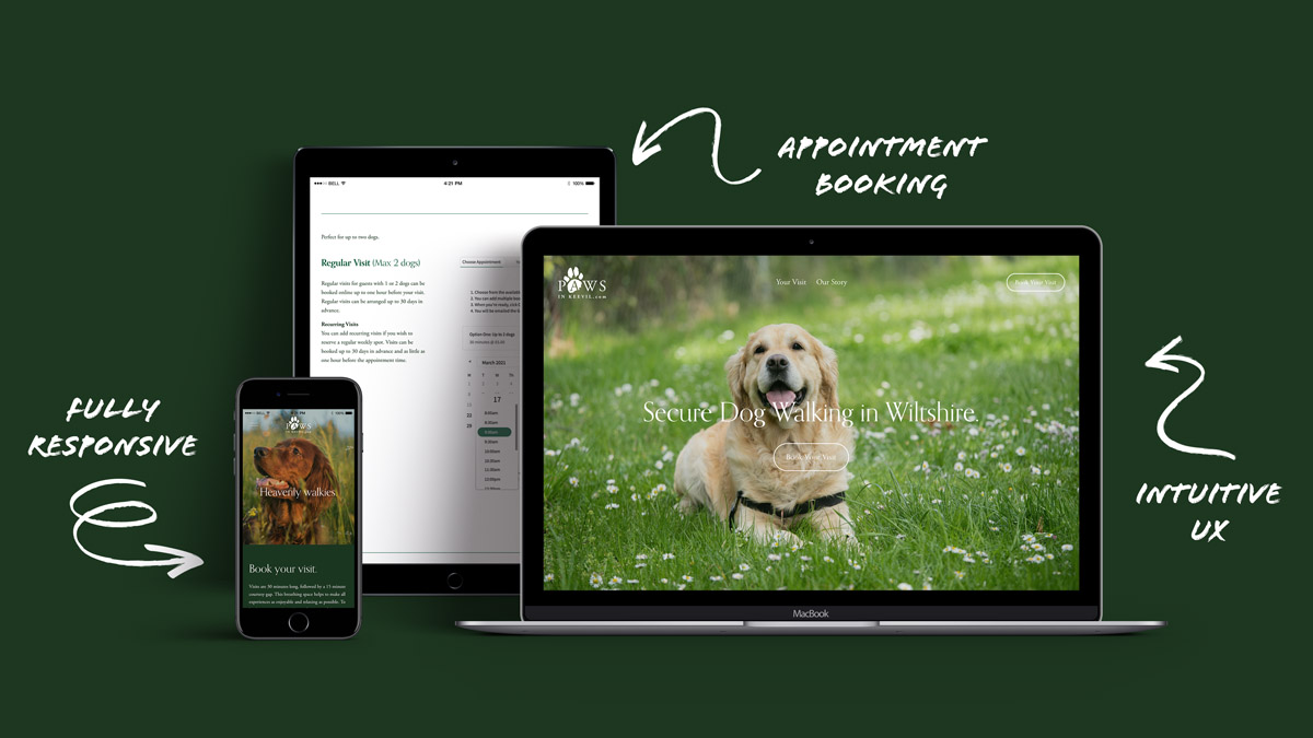 Screen mockups of paws in Keevil dog walking paddock website by osmil