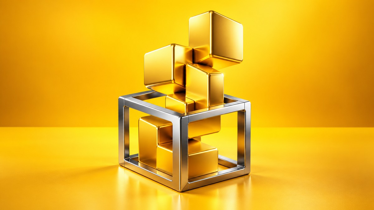A gold sculpture growing beyond a chrome frame, representing a business outgrowing its brand.