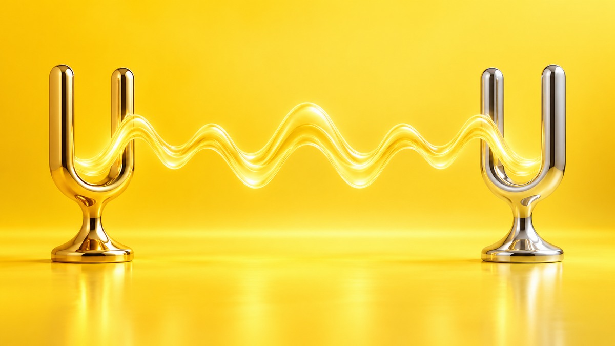 Two equal gold and chrome tuning-fork forms connected by one glowing waveform on a warm yellow background.