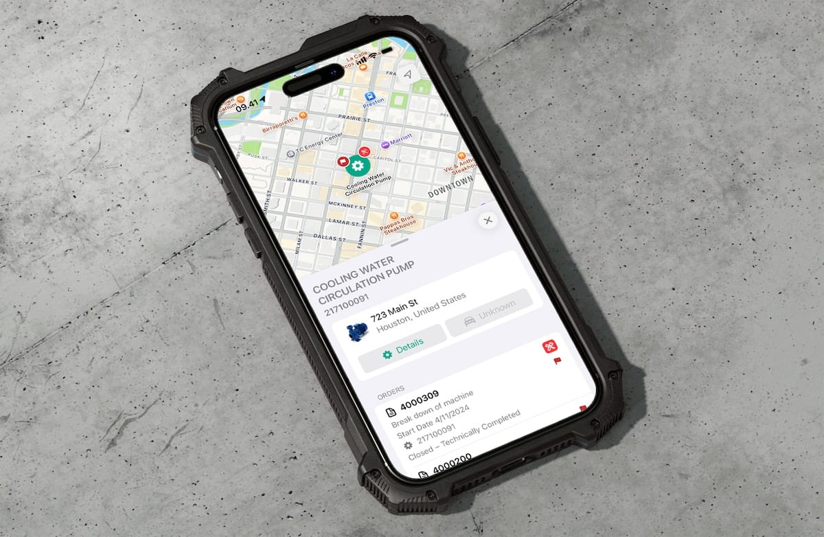 Arkyn's FastWork SAP work order app on a ruggedized iPhone.
