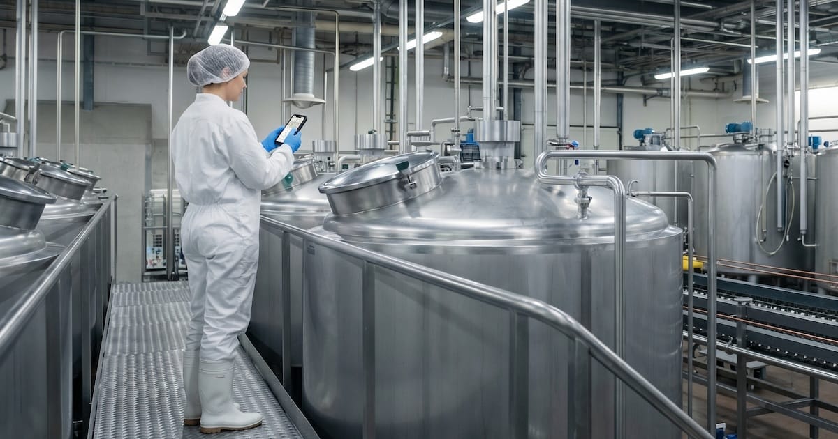 An operator in a dairy factory looking at an Arkyn FastApp on a phone