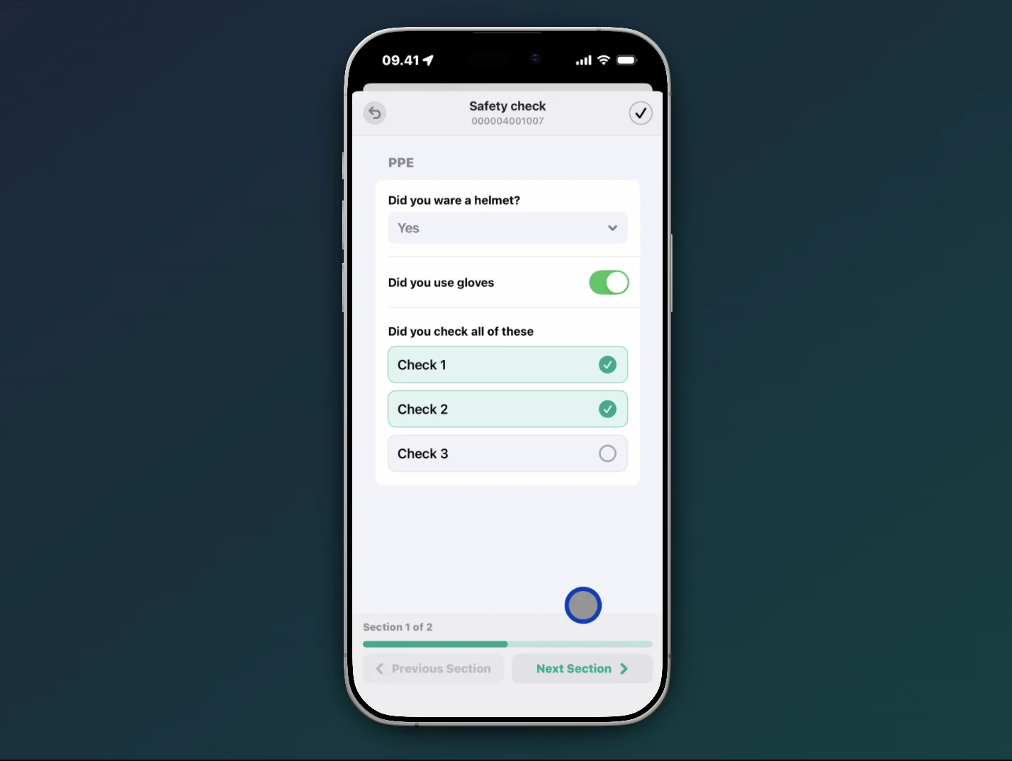 Arkyn FastForms safety check form example with conditional field