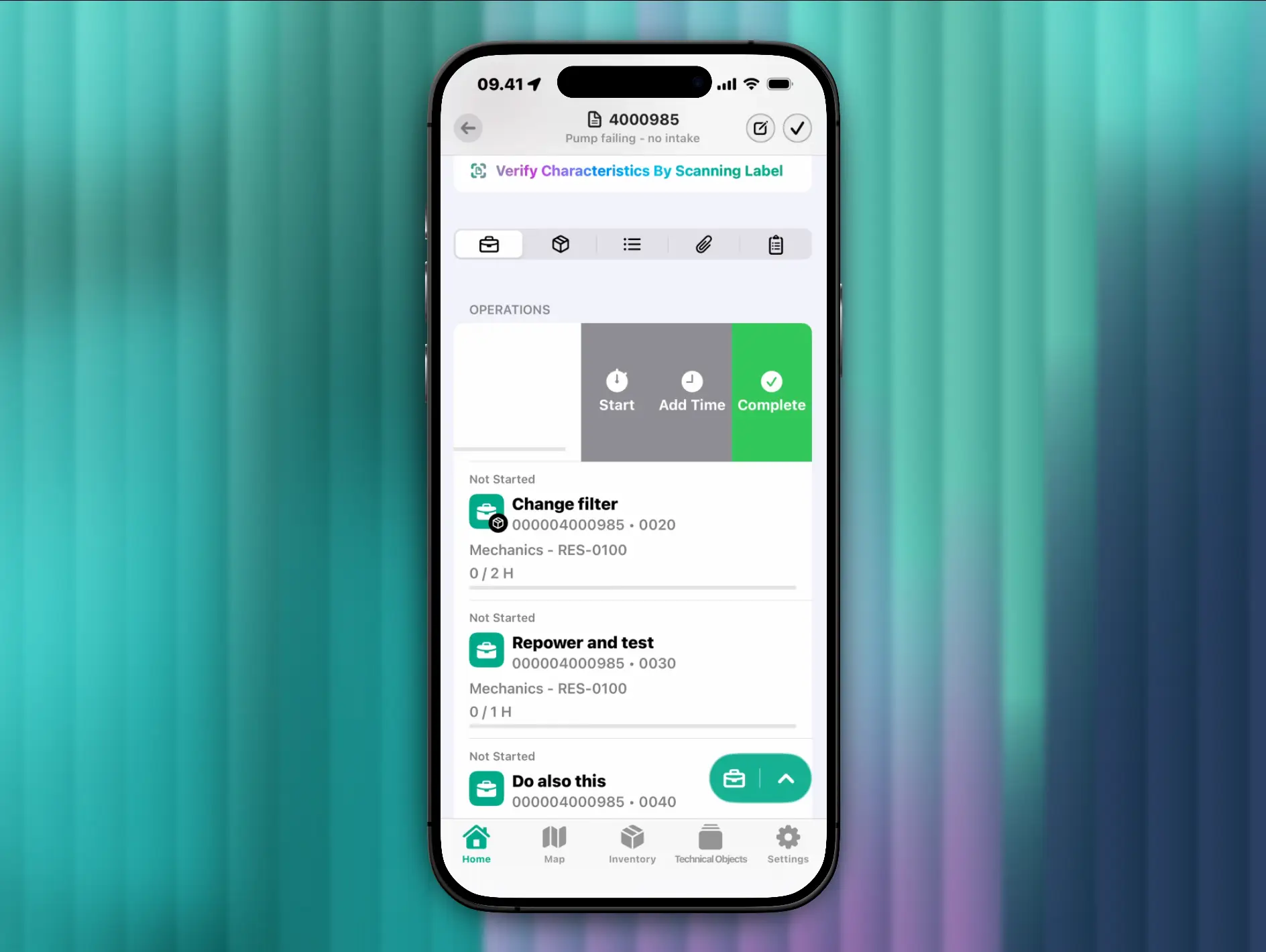 Arkyn FastWork operation detail with swipe actions