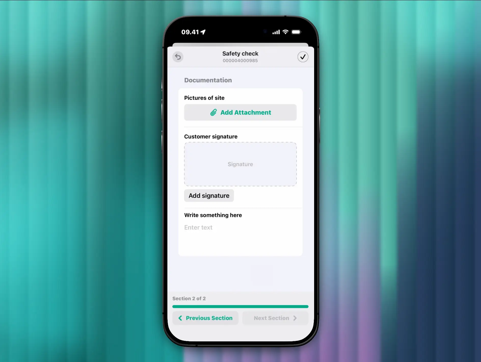 FastWork forms tab where you can add an attachment and signature