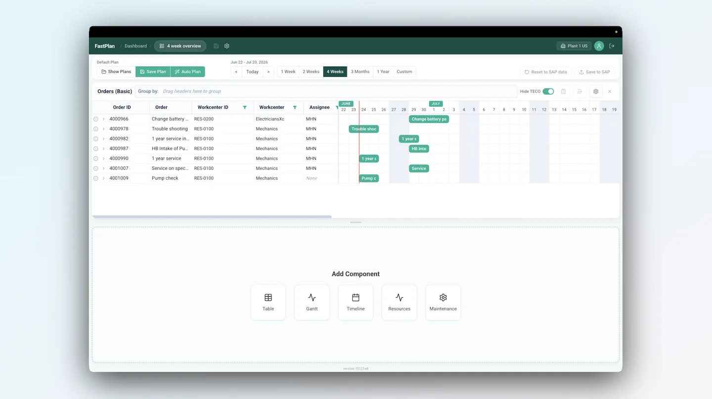 Arkyn FastPlan work orders on a Gantt chart timeline