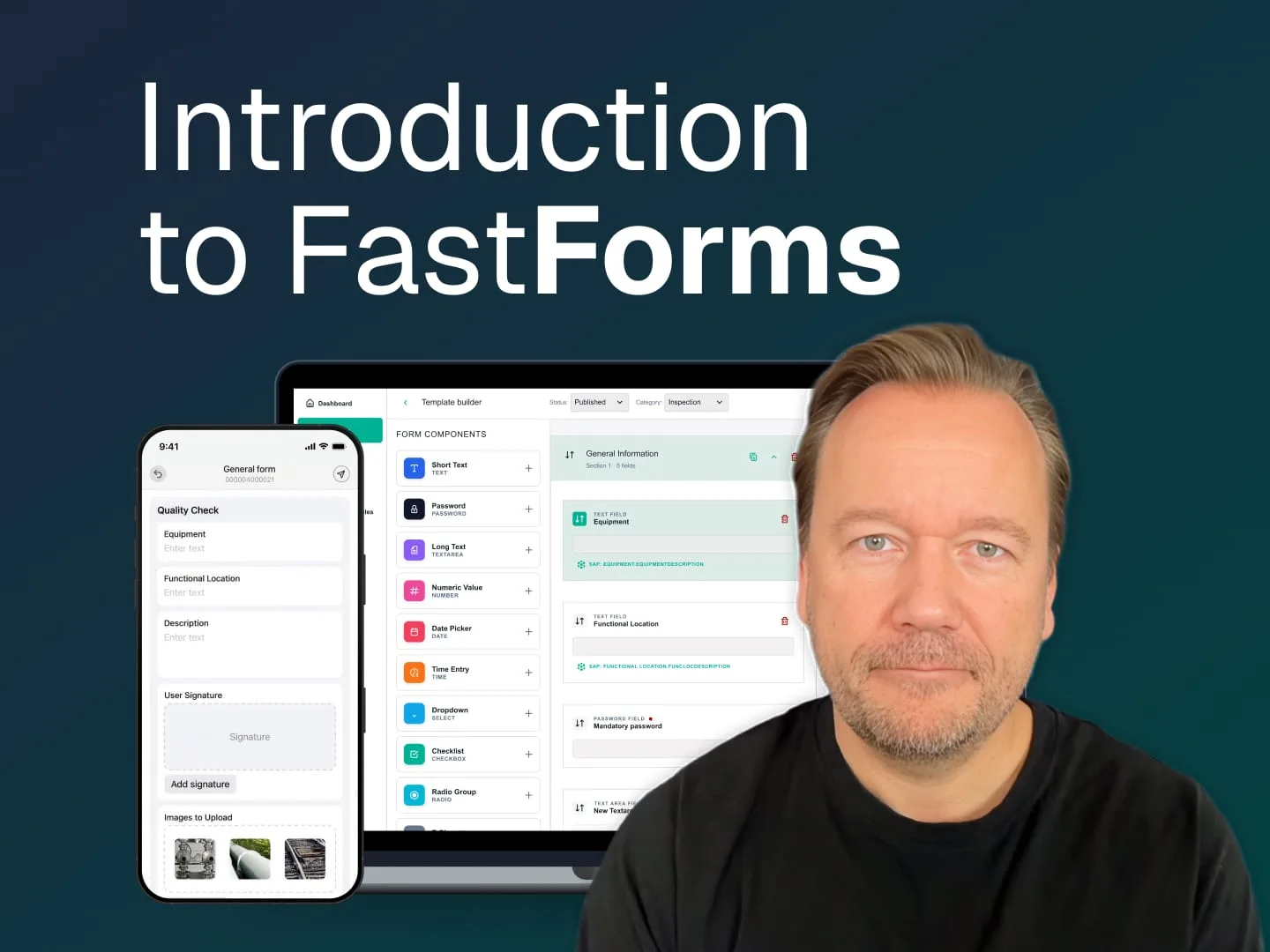 The FastForms editor open on a laptop, with a form displayed on a phone, and a headshot of Martin Holm Nielsen, Co-founder and CEO at Arkyn.