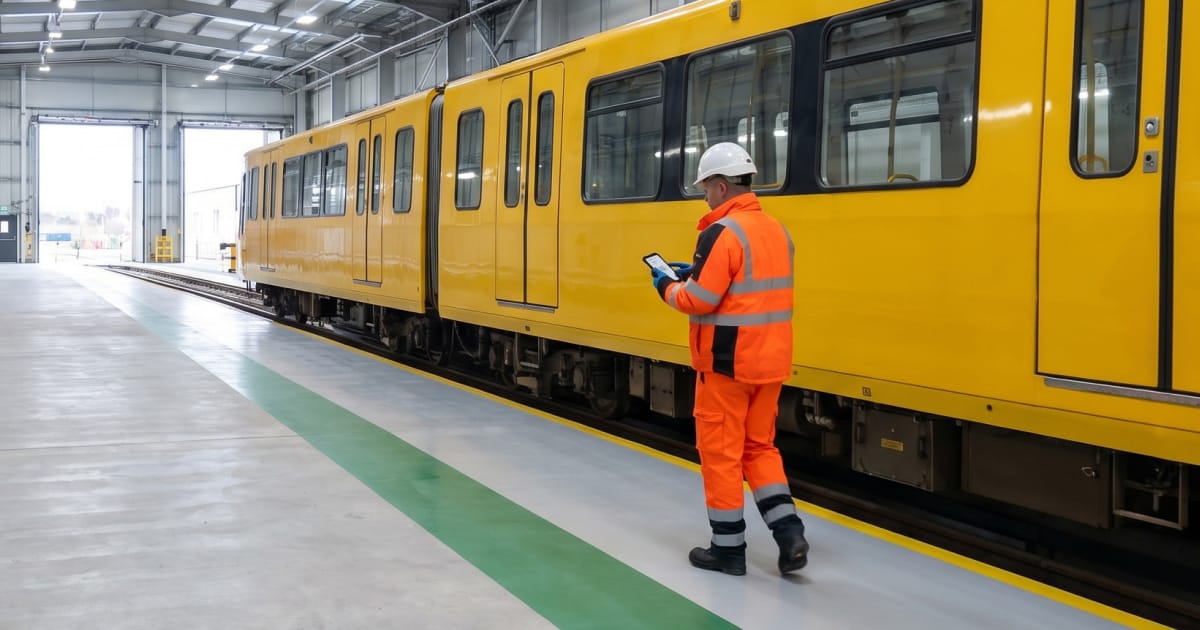 A photo of a technician inspecting a train in a depot while using an Arkyn app on his phone.