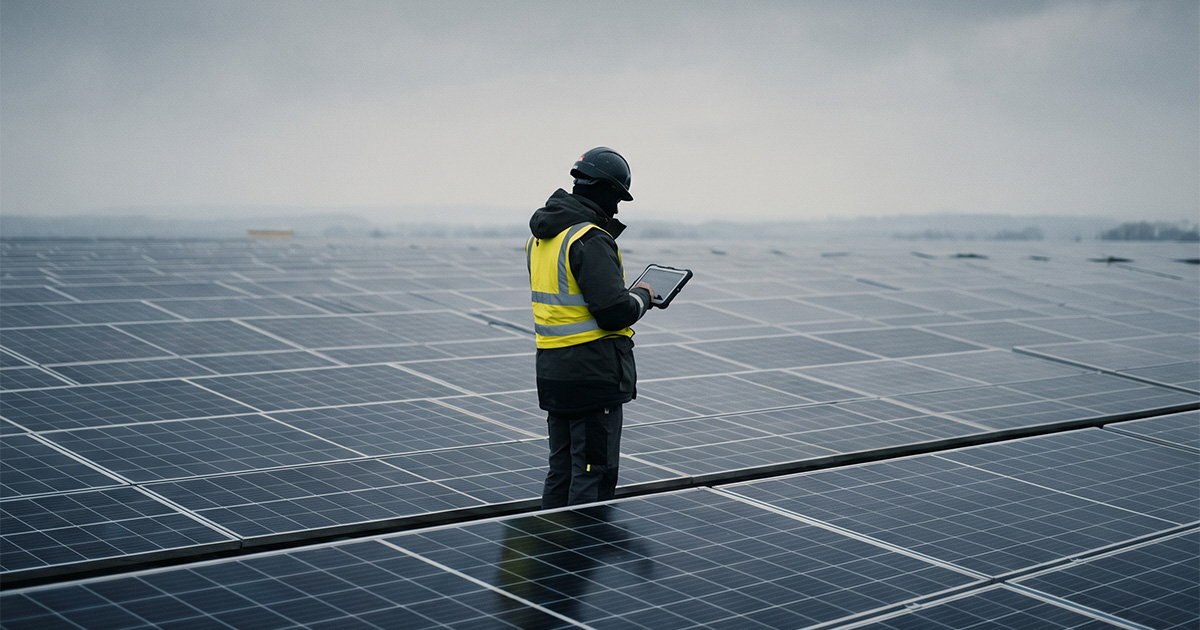 A technician looking at a tablet with SAP FSA on it at a solar farm on an overcast day.