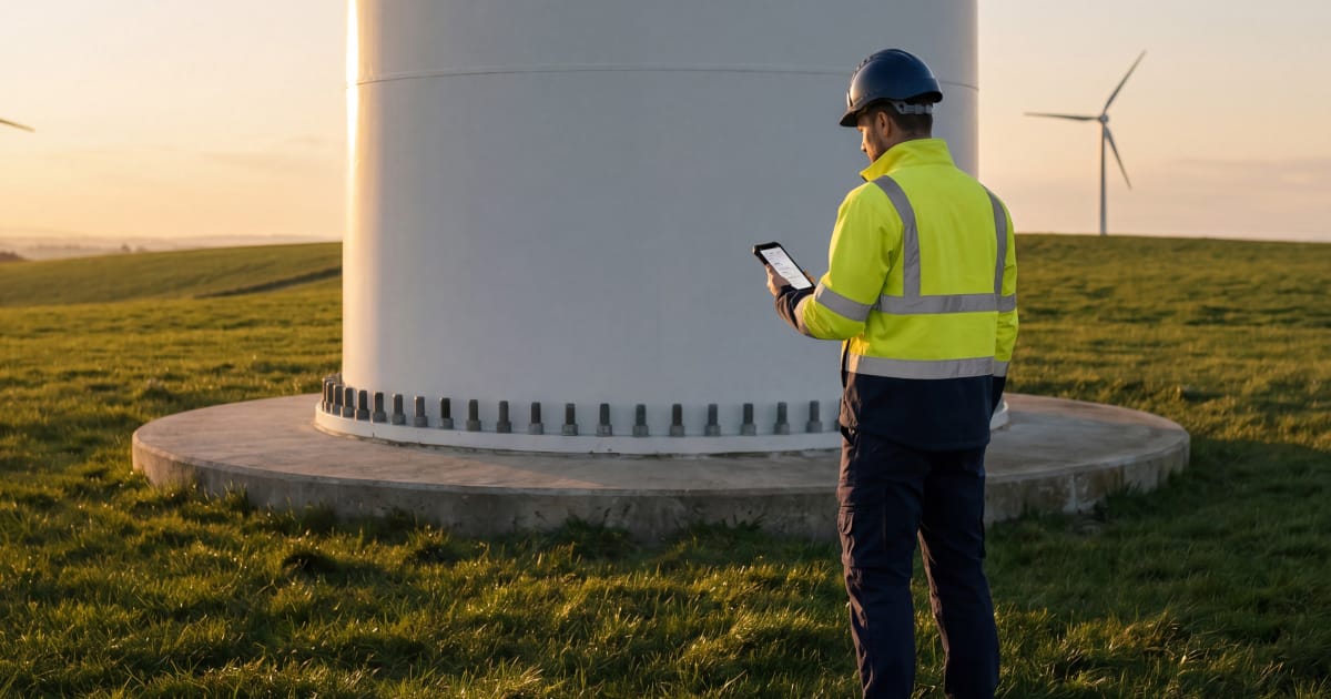 A maintenance technician in a hi-vis jacket and hard hat checks a tablet at the base of a wind turbine at sunset, with more turbines on the horizon.