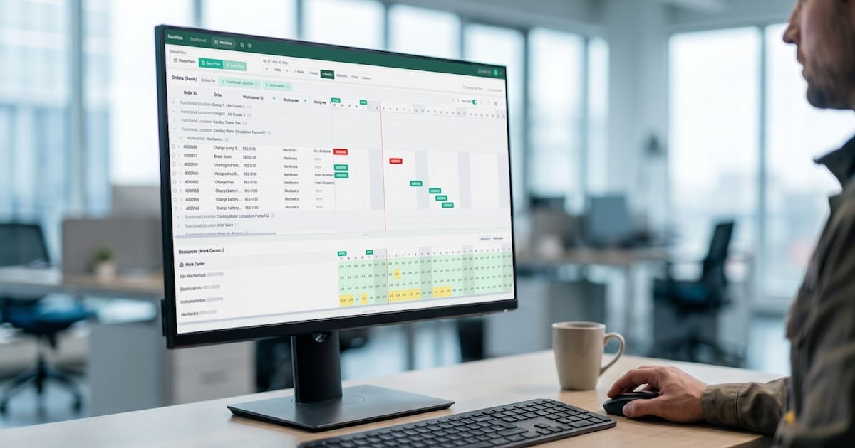 Closeup of a maintenance planner sitting at a desk in an office using Arkyn FastPlan