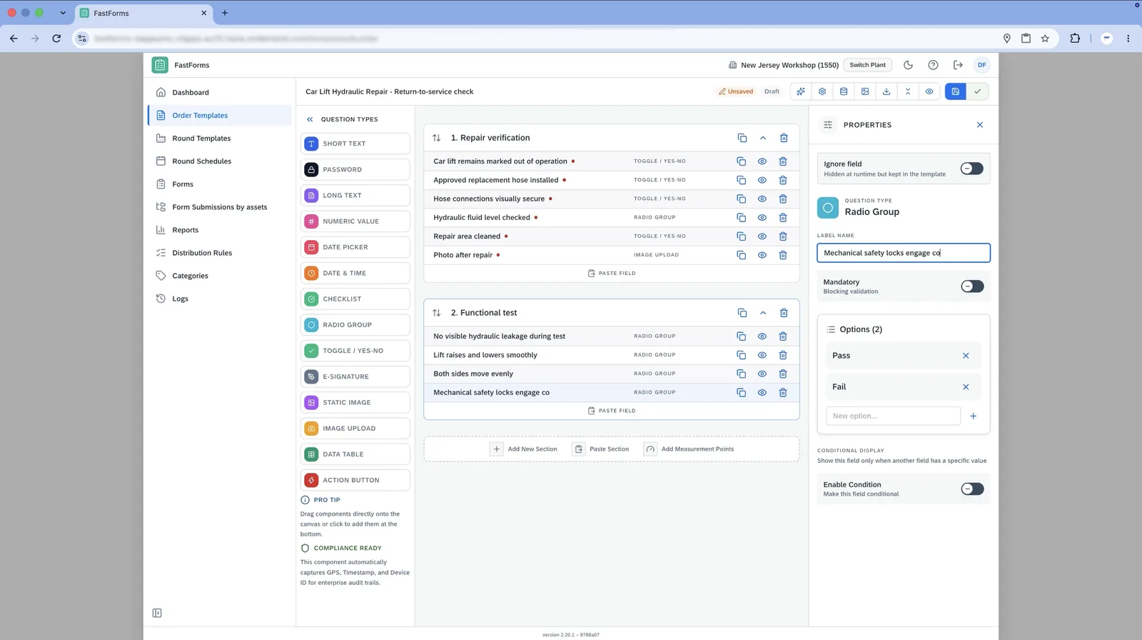 The return-to-service checklist being built in FastForms.