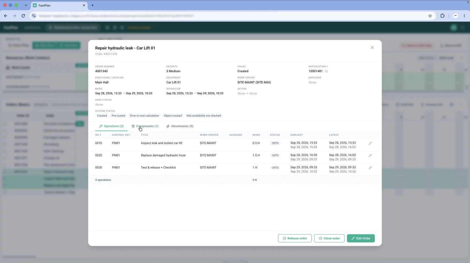 The car lift work order in FastPlan.
