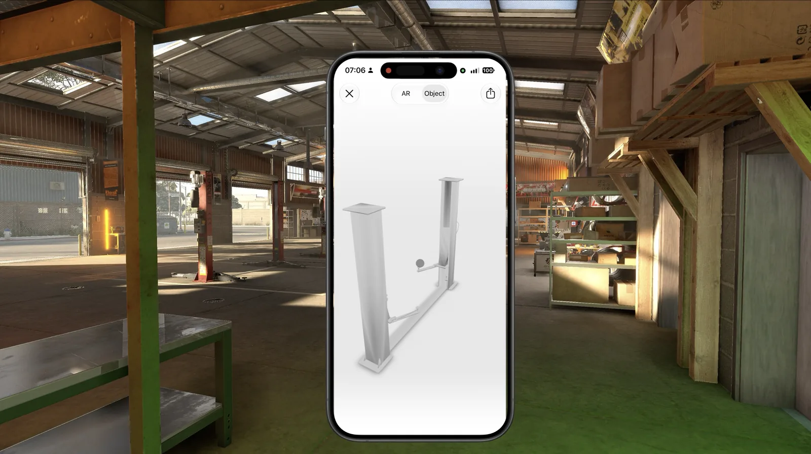 The 3D model of the car lift, opened from the equipment record in FastWork.