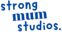 Blue text logo spelling 'strong mum studios.' in a playful font with varied letter sizes.