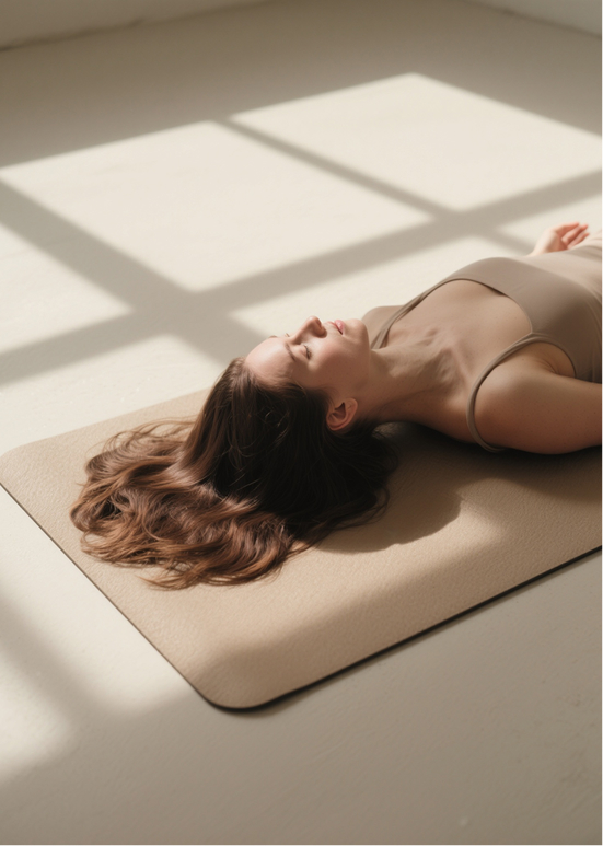 Woman lying on a beige mat with eyes closed, bathed in soft sunlight creating window shadows on the floor.