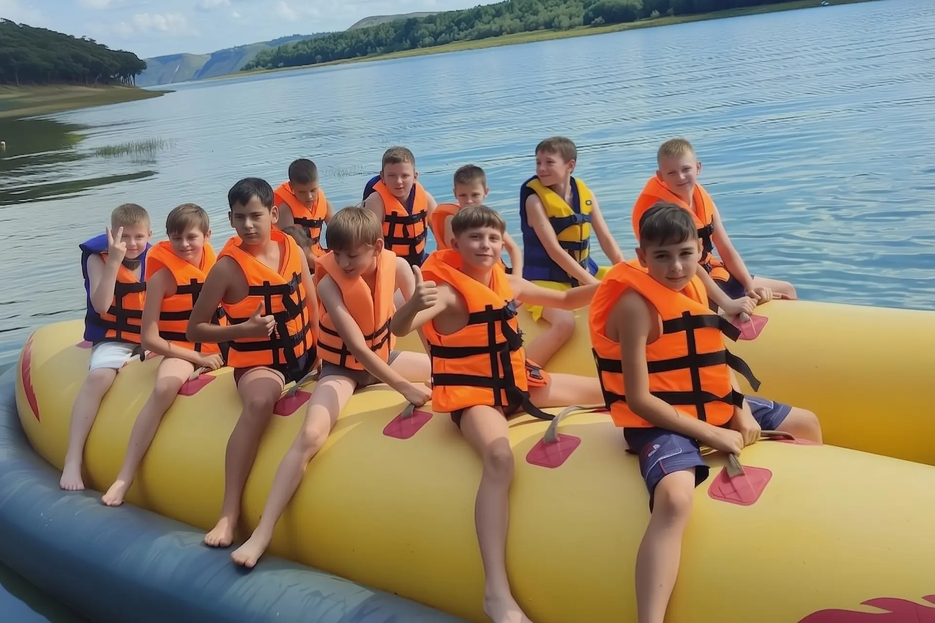 Група дітей у помаранчевих рятувальних жилетах катається на водному банані по річці Дністер, Бакотська затока.