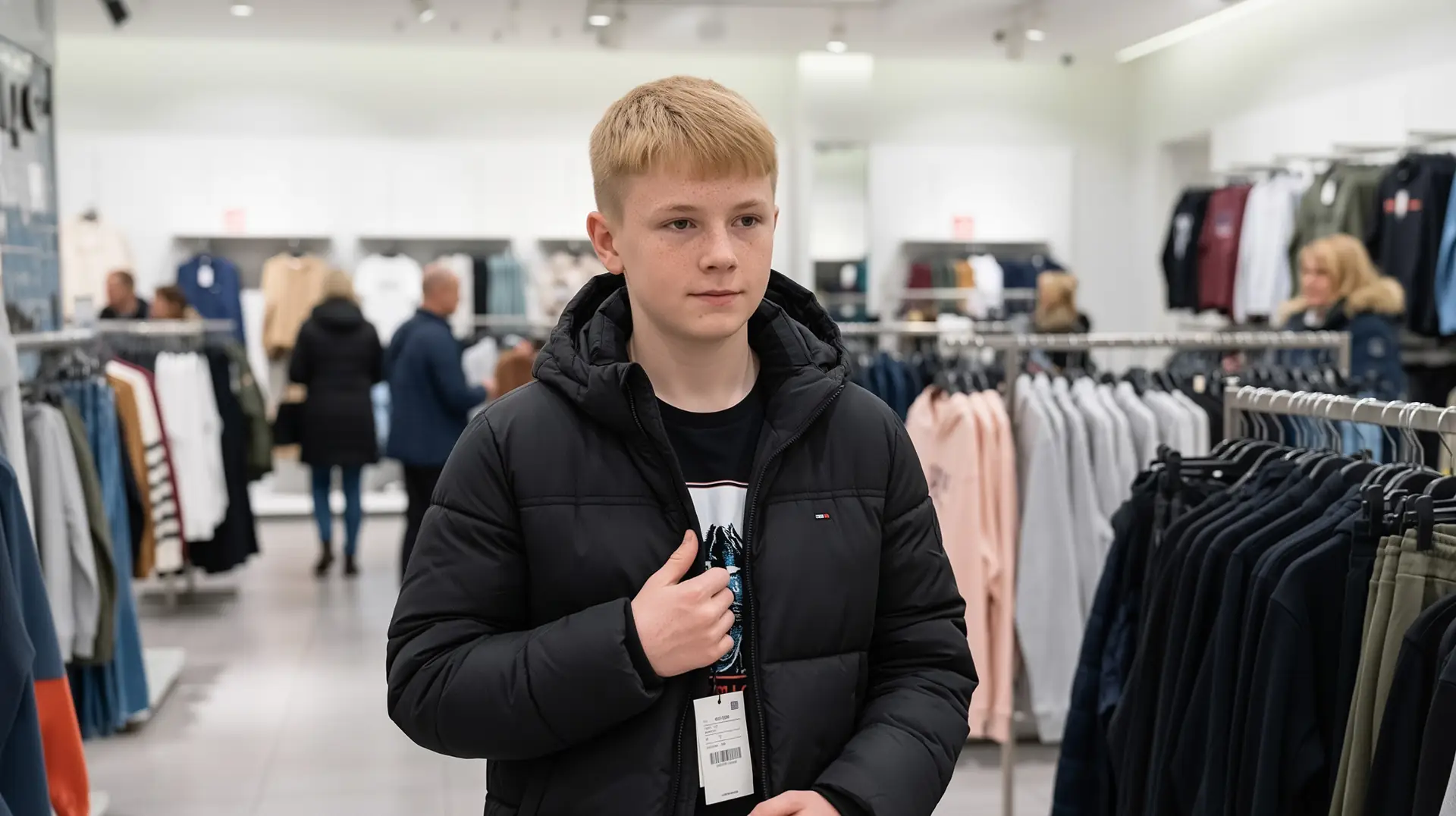 Хлопчик приміряє чорну куртку в магазині дитячого одягу.
