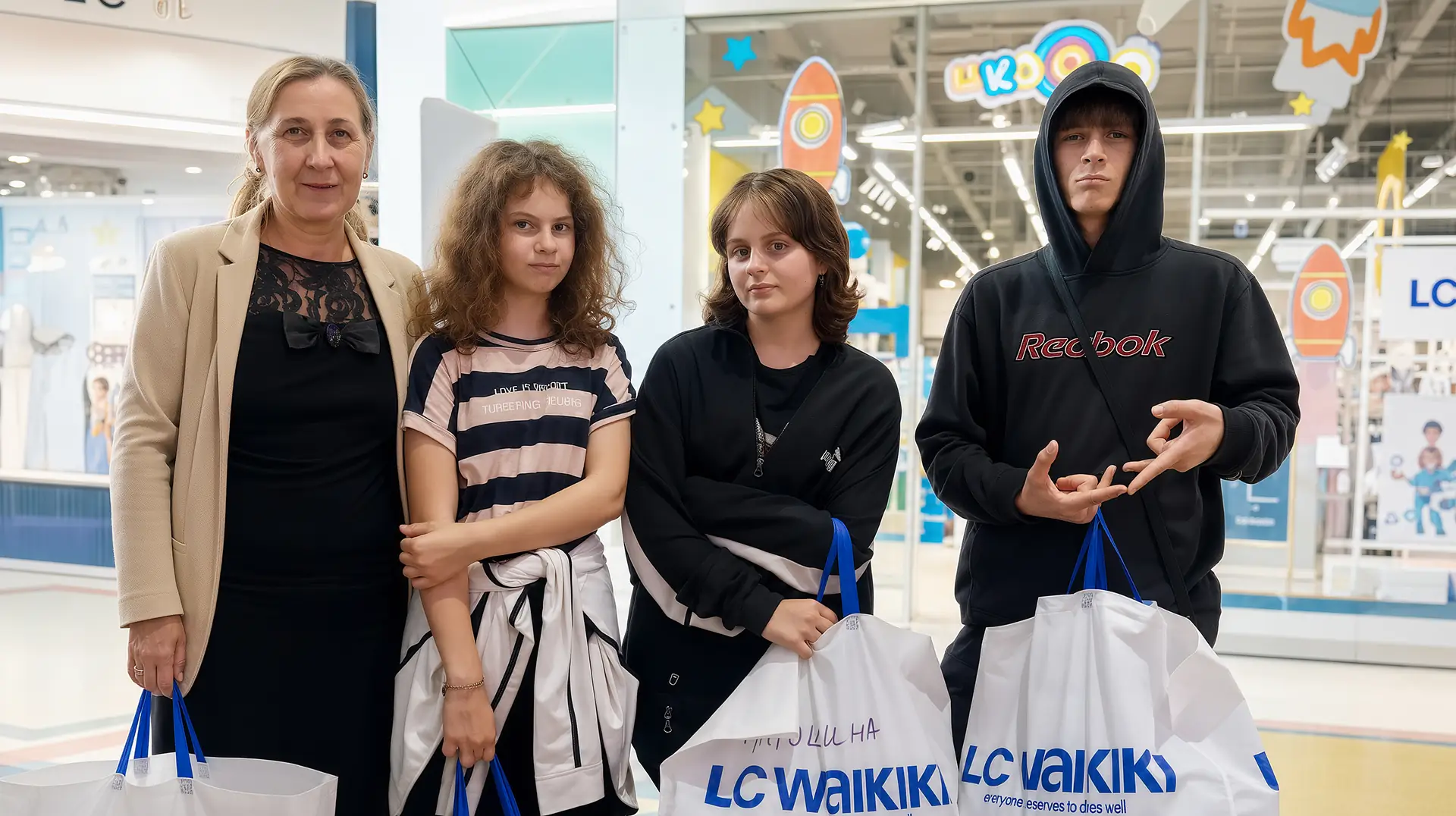 Діти та дорослі з пакетами після шопінгу для підготовки до школи.