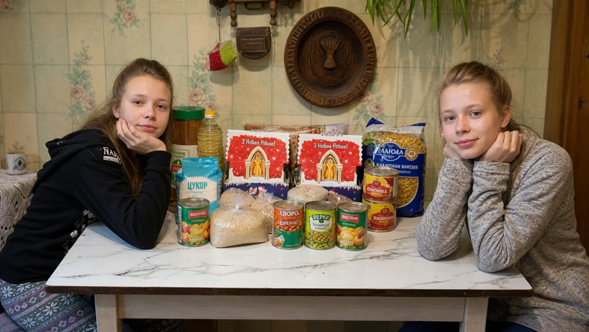 Дві дівчини сидять за столом із солодощами, продуктами та новорічними подарунками.