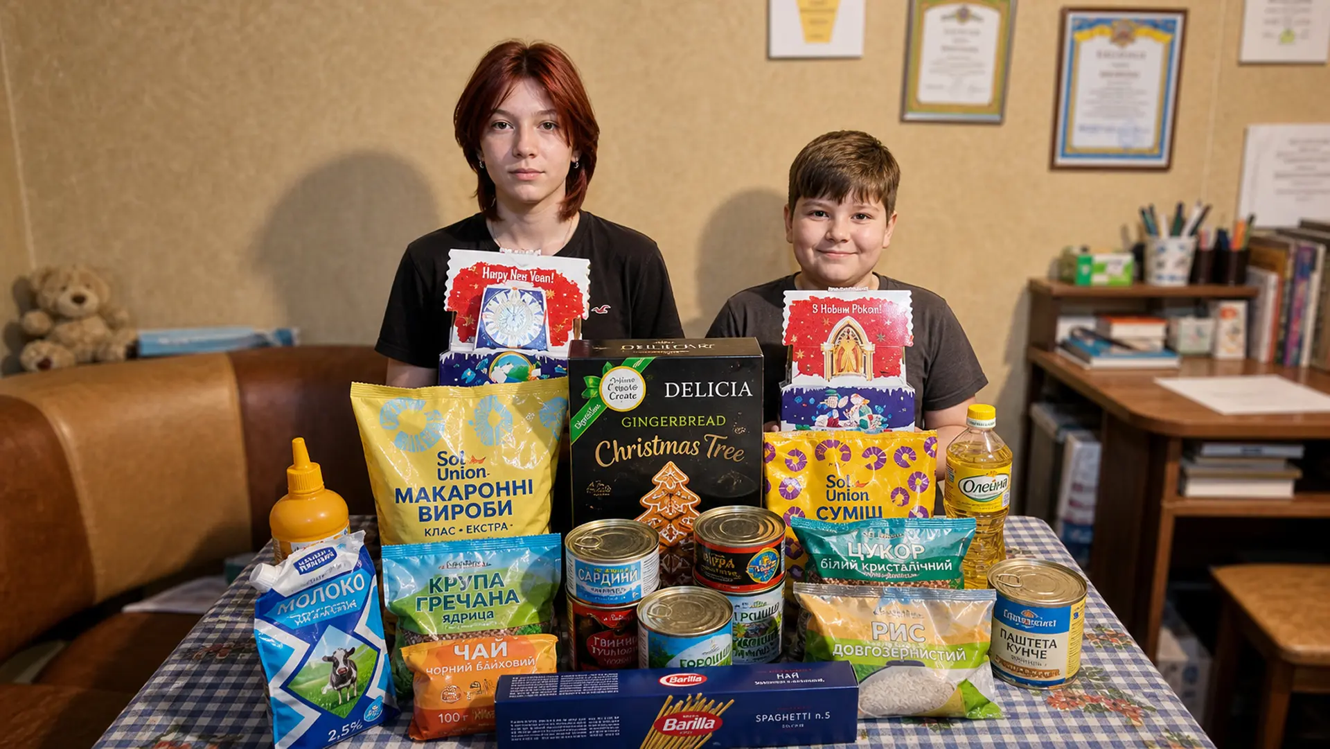 Двоє дітей сидять за столом із солодощами, продуктами та новорічними подарунками.