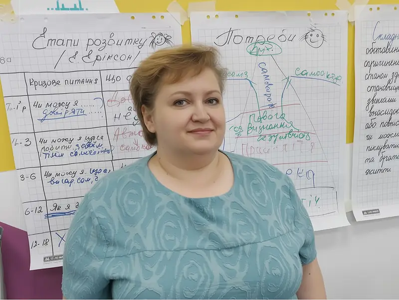Учасниця тренінгу стоїть біля фліпчартів із навчальними нотатками.
