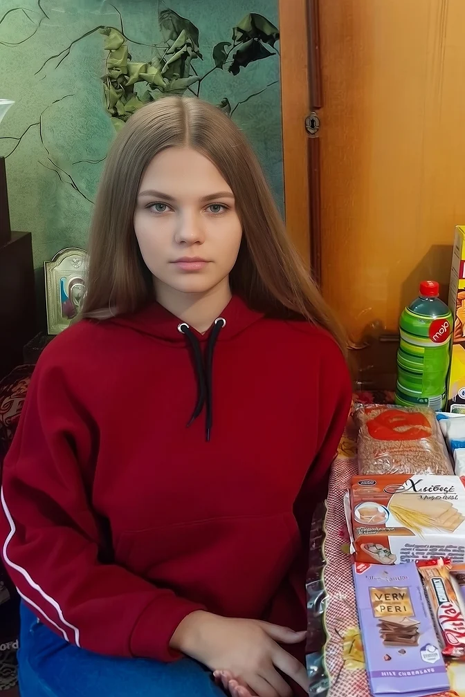 Дівчина сидить біля продуктового набору, переданого родині.