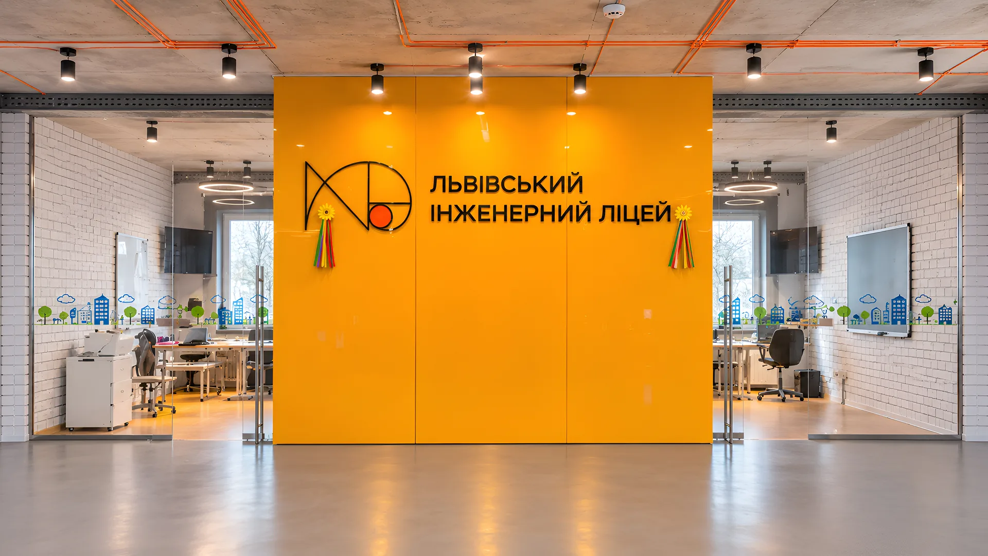 Інтер’єр Львівського інженерного ліцею з жовтою стіною та логотипом.